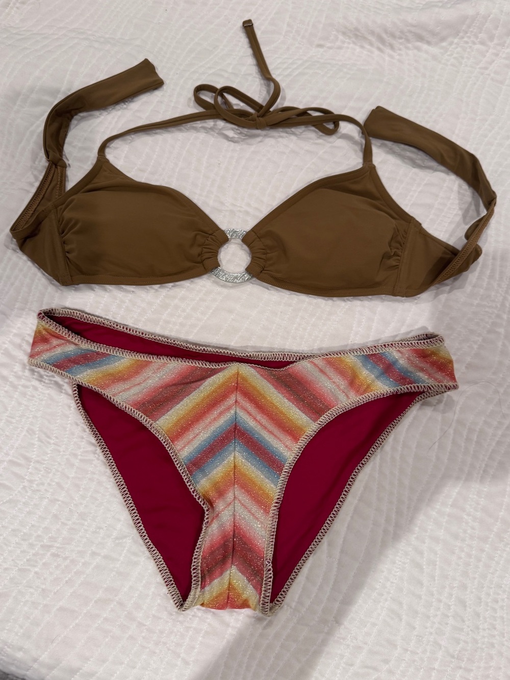 BECCA Brown Halter Bikini with Multicolor Chevron Bottoms